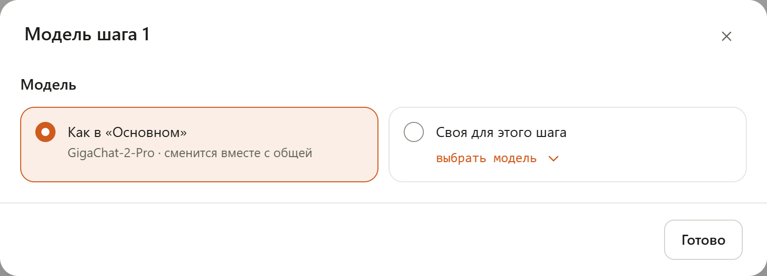 Окно «Модель шага 1» у профиля с GigaChat: только блок «Модель» с вариантами «Как в «Основном»» (GigaChat-2-Pro) и «Своя для этого шага»